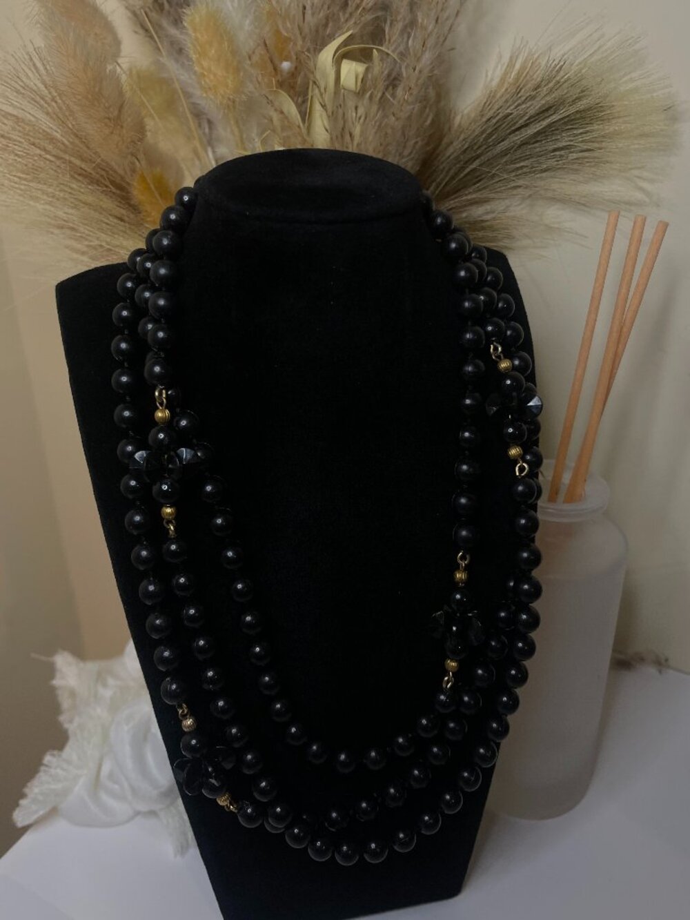 Vintage Judy Lee Black Lucite Beaded Necklace Multi Strand Mid Century Opera